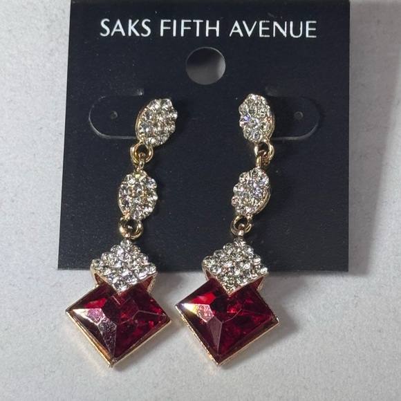 Saks Fifth Ave Pave Teardrop Crystal Post With Drop Red Crystal Earrings - Picture 3 of 9